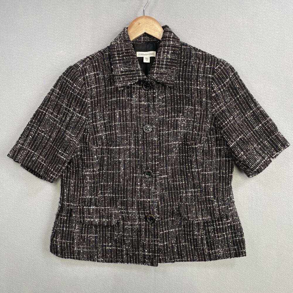 ColdWater Creek Boucle Textured Tweed Jacket Blazer Womens 14 Wool Short Sleeve
